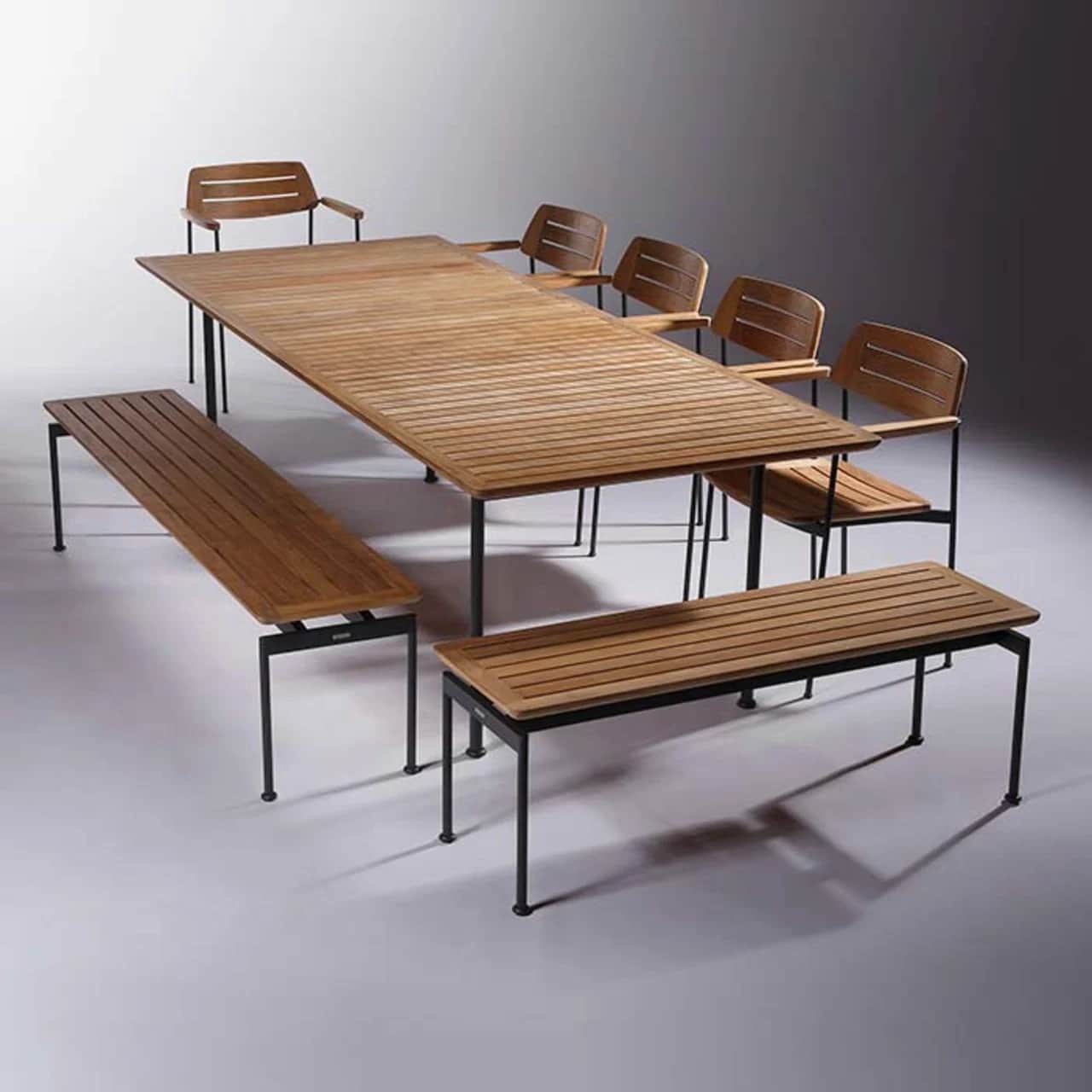 Barlow Tyrie Layout 101" Dining Table with 74" Backless Bench, 50" Backless Bench and Layout Stacking Armchairs