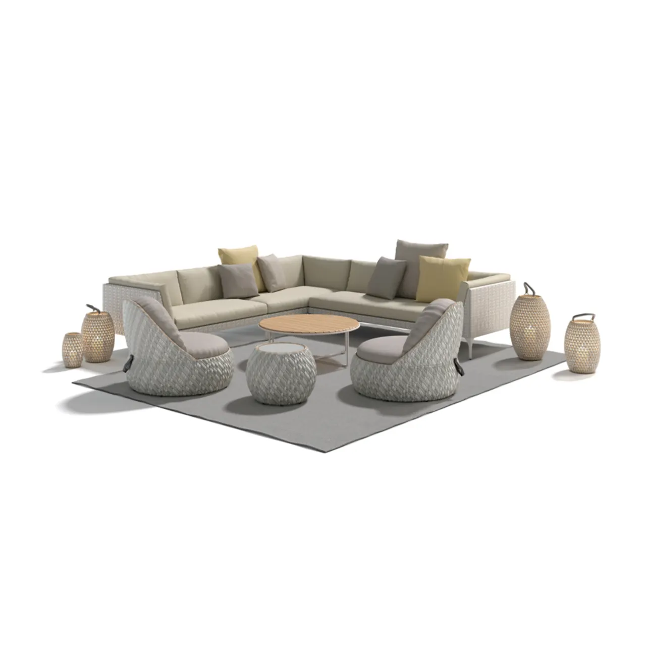 DEDON MU Modular Deep Seating | DALA Lounge Chairs, Side Table & Lanterns