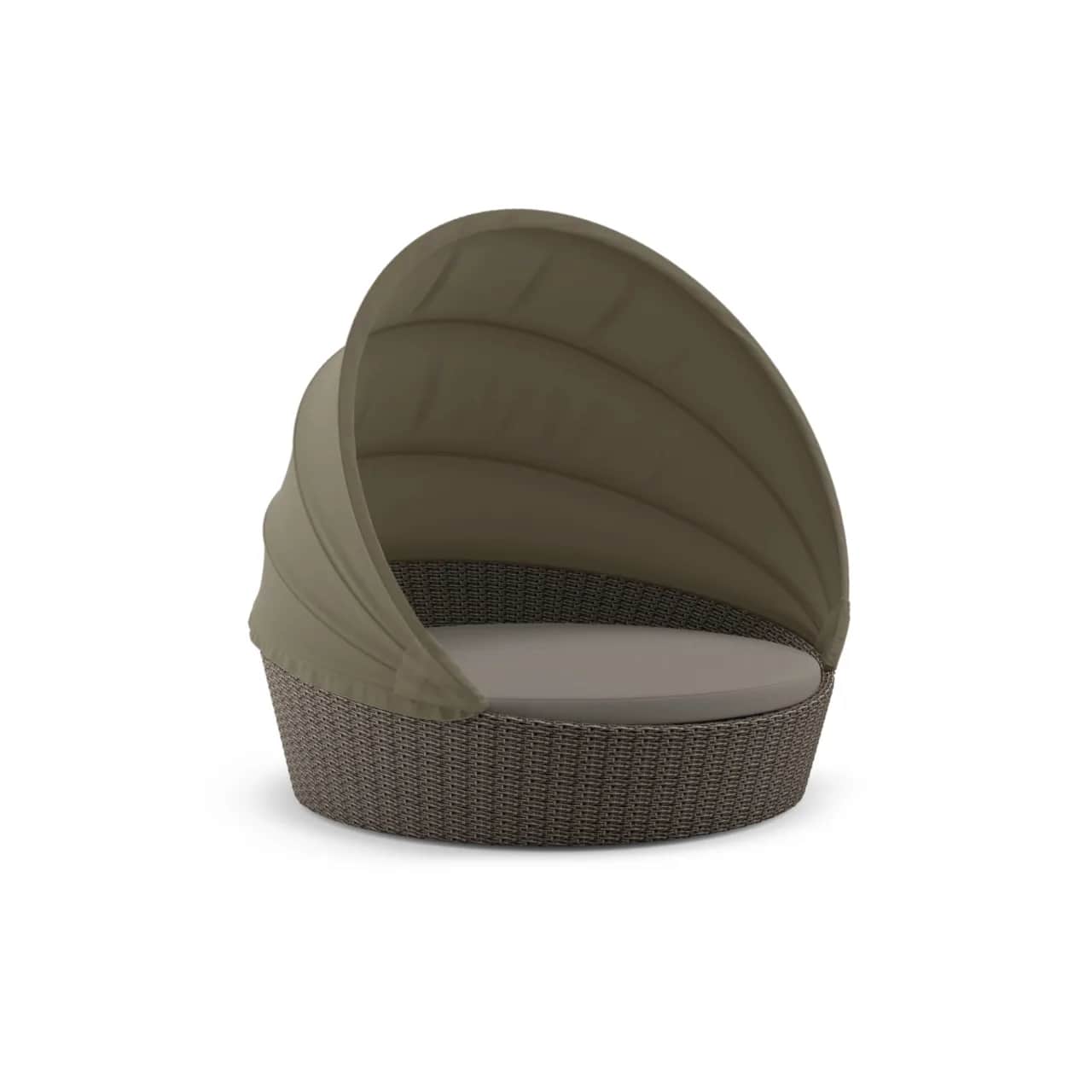 DEDON ORBIT Loveseat with Canopy | Frame: Powder-Coated Aluminum, Vulcano | Base: Woven Fiber, Vulcano | Canopy: Polyacrylic, Taupe