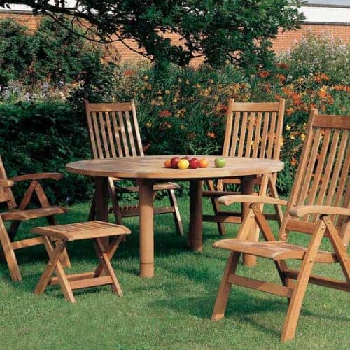 barlow tyrie's ascot folding high-back recliners and recliner footstool/ side table paired with drummond 59" dining table