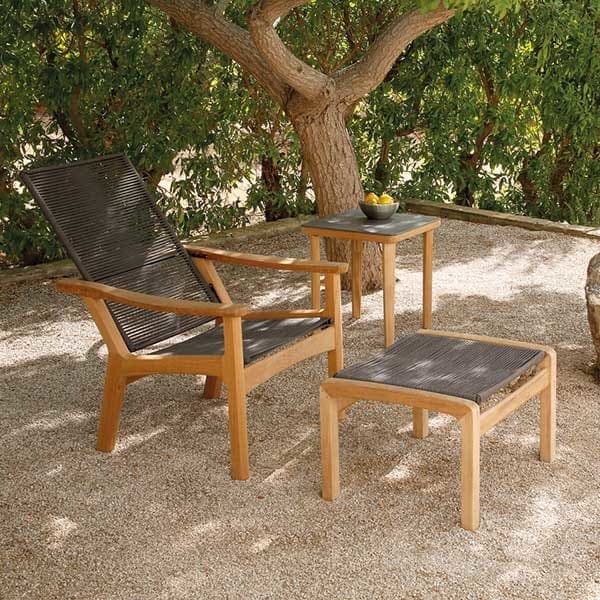 monterey deep-seating adjustable armchair with ottoman (brown) and 20" square ceramic top side table (oxide)