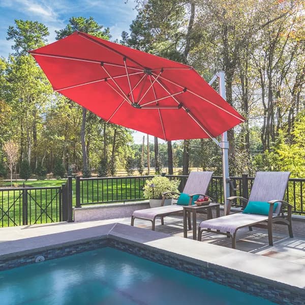 maneuverable: tilted aurora 11' octagonal pool umbrella in logo red