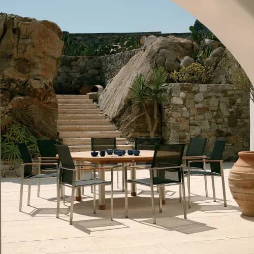 Barlow Tyrie Mercury Dining Armchairs (Teak Arm) and Equinox 71" Circular Dining Table