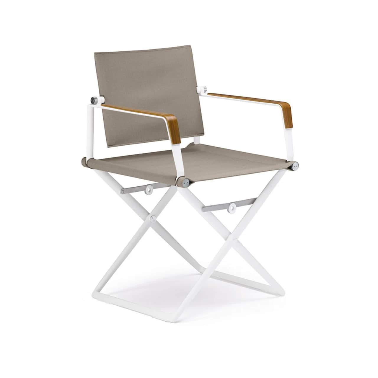 Frame Powder-Coated Aluminum White | Teak Armrests | Sling Sail Taupe
