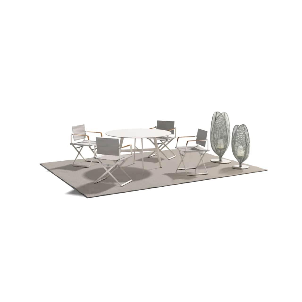 DEDON SEAX Round Dining Table and Folding Armchairs | SCOORA Lanterns | OMBII LED Lamps