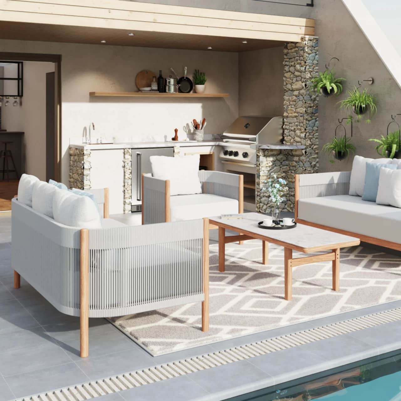 Barlow Tyrie Cocoon Teak Sofa and Teak Armchair | Monterey Low Table