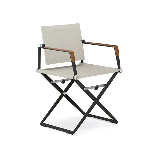 Frame Powder-Coated Aluminum Black Pepper | Teak Armrests | Sling Sail Dove