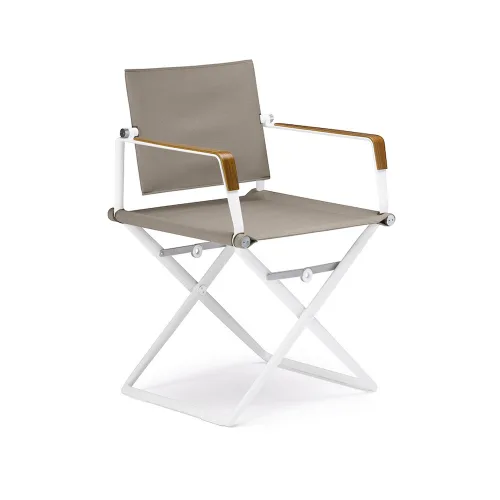 Frame Powder-Coated Aluminum White | Teak Armrests | Sling Sail Taupe