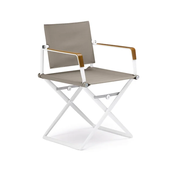 Frame Powder-Coated Aluminum White | Teak Armrests | Sling Sail Taupe