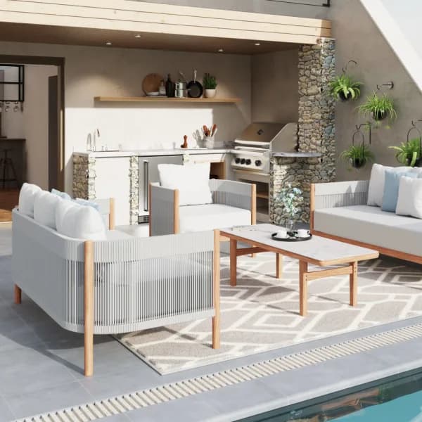 Barlow Tyrie Cocoon Teak Sofa and Teak Armchair | Monterey Low Table