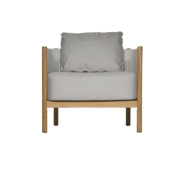 Barlow Tyrie Cocoon Teak Armchair | Frame: Powder-coated Aluminum with Olefin Cord, Chalk | Seat & Back Cushions: Sunbrella®, Lead Chine