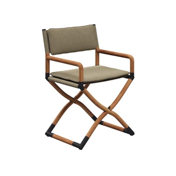 Gloster Navigator Folding Armchair | Frame: Natural Finish Teak & Brushed Stainless Steel | Seat & Back Cushions: Sunbrella, Heritage Ashe